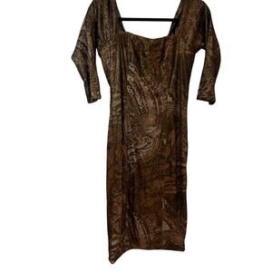 Rene Ruiz Brown Paisley Sequin 3/4 Sleeve Midi Bodycon Dress Sz 8